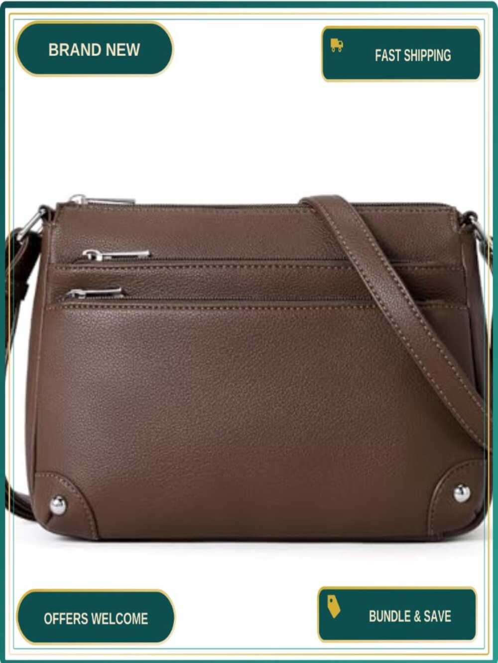 Vegan Leather Crossbody Bag Medium Multi Zipper Pocket Satchel Purse
